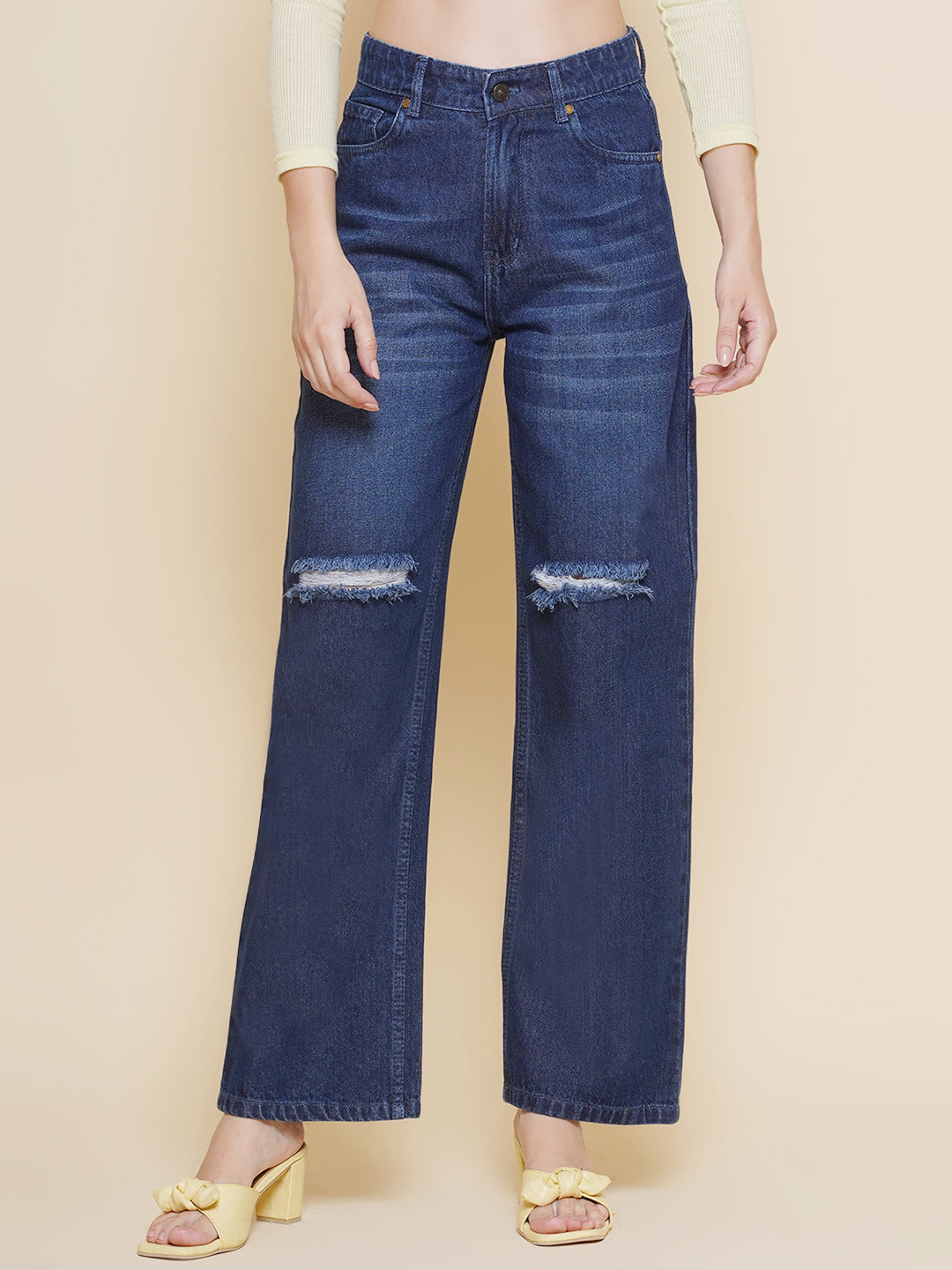 Women Knee Slit Jeans in Dark Blue