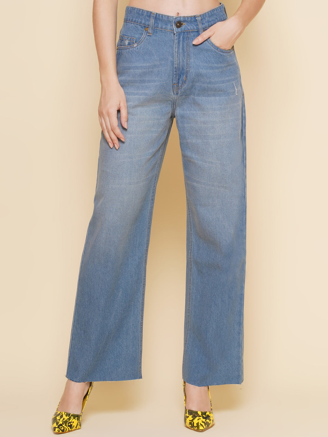 Women Regular Wide Leg High Rise Blue Jeans