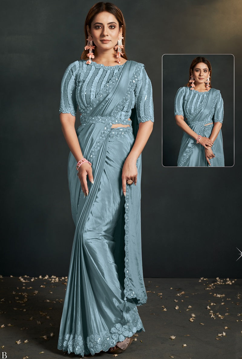 Light Blue Silk Crepe Georgette Embroidered Saree
