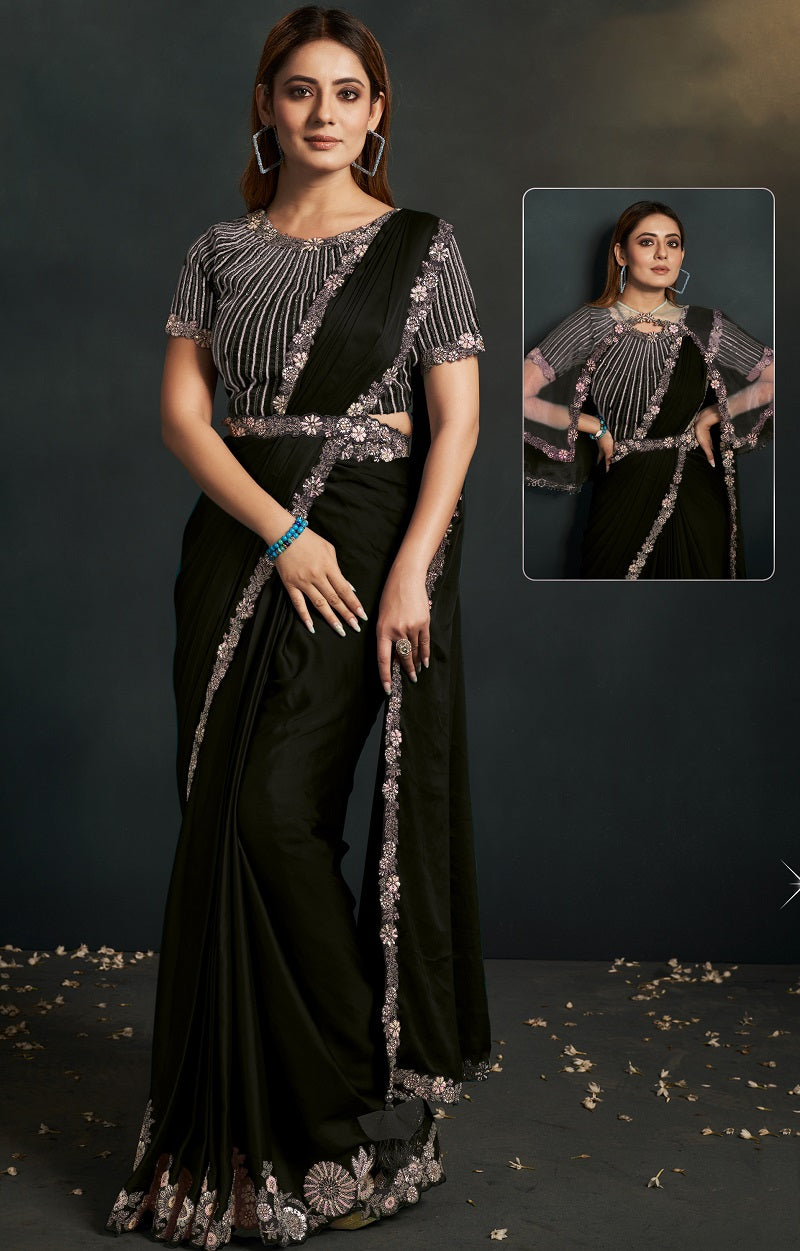 Black Satin Silk Crepe Embroidered Saree