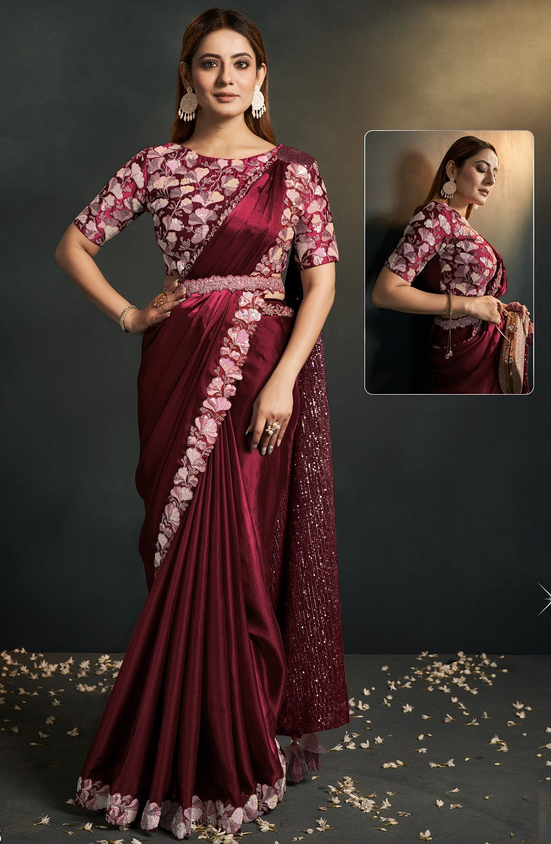 Maroon Silk Satin Crepe Embroidered Saree