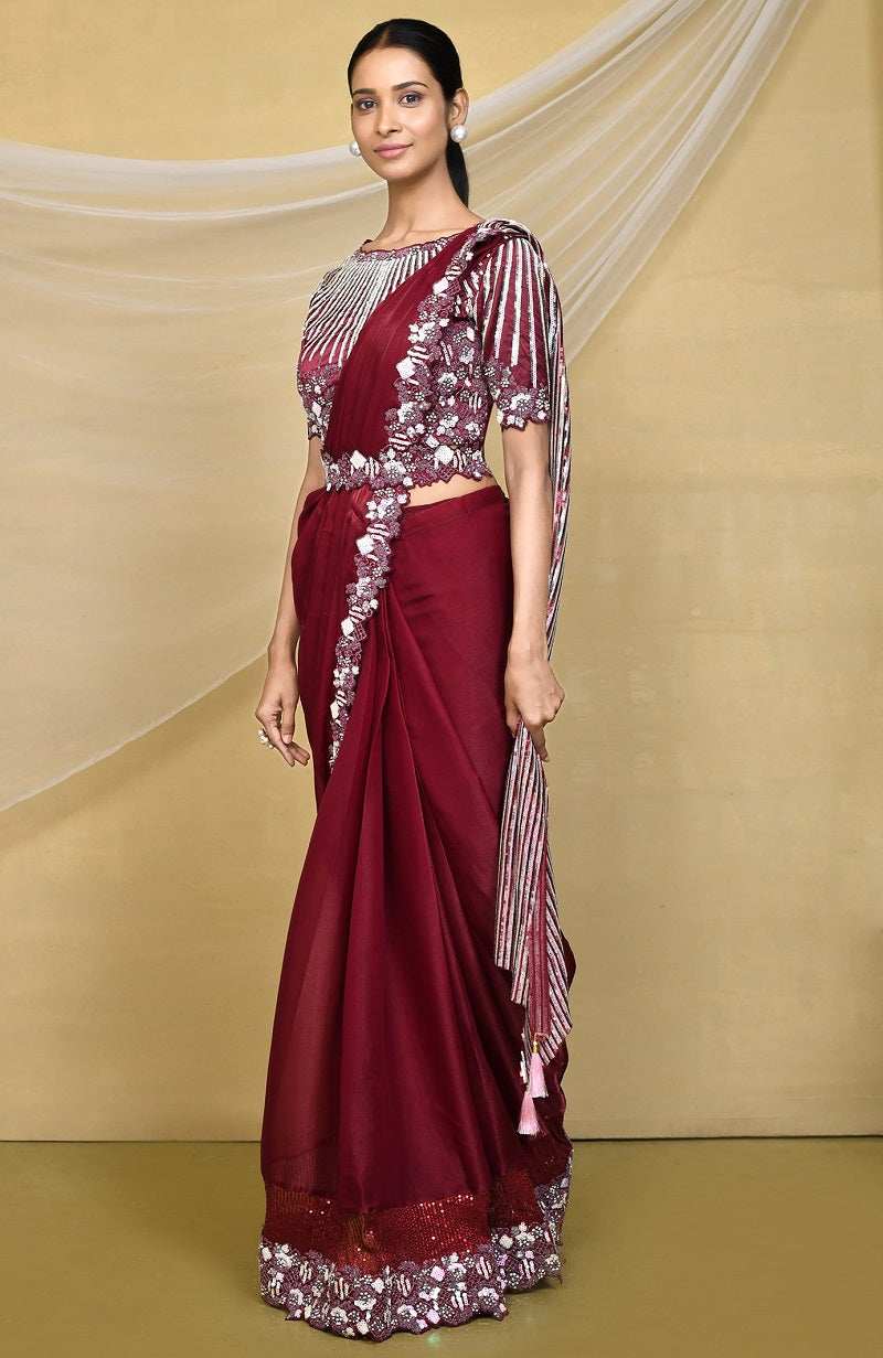 Maroon Silk Crepe Satin Embroidered Designer Saree