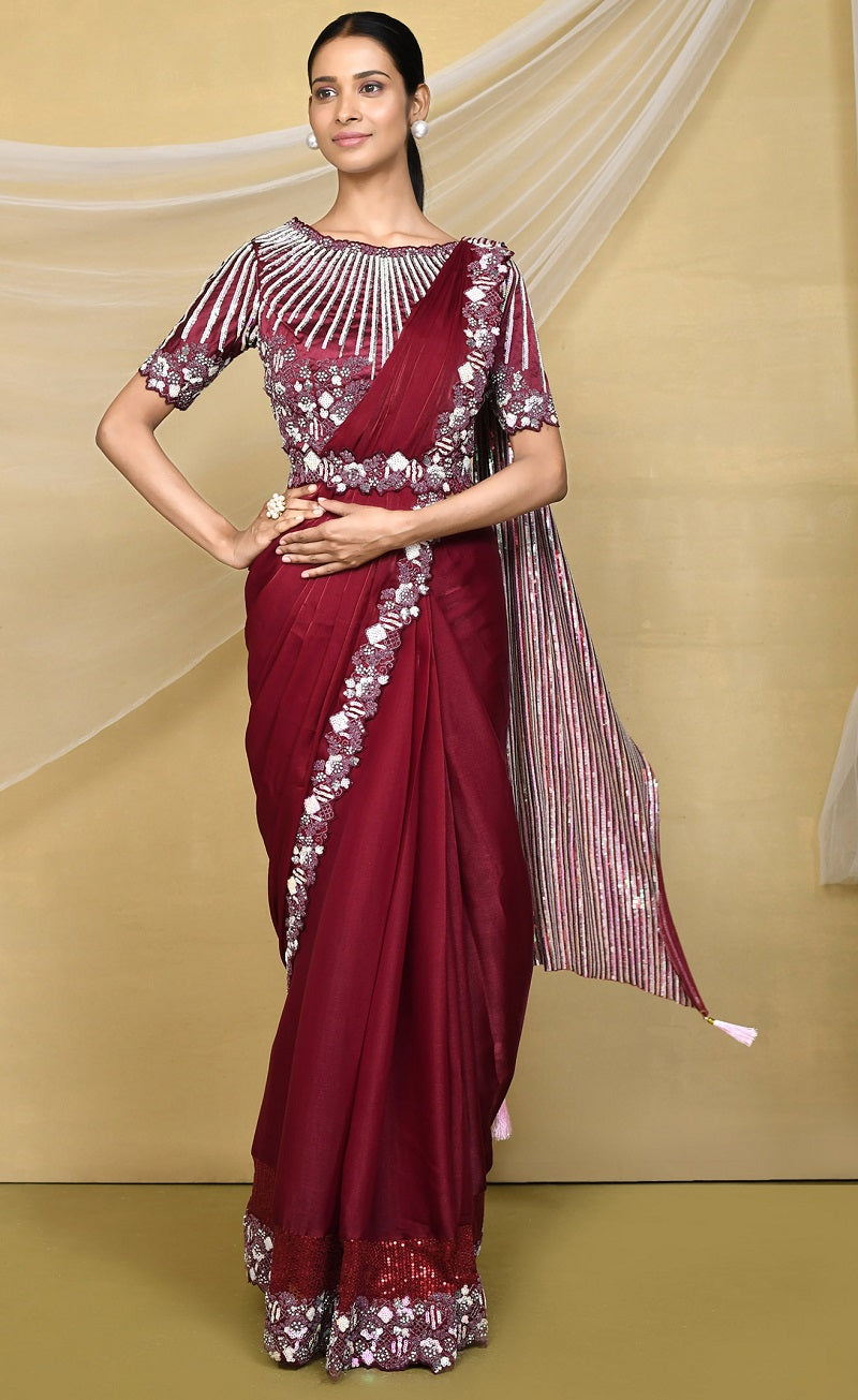 Maroon Silk Crepe Satin Embroidered Designer Saree