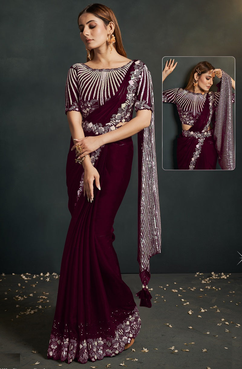 Maroon Silk Crepe Satin Embroidered Saree