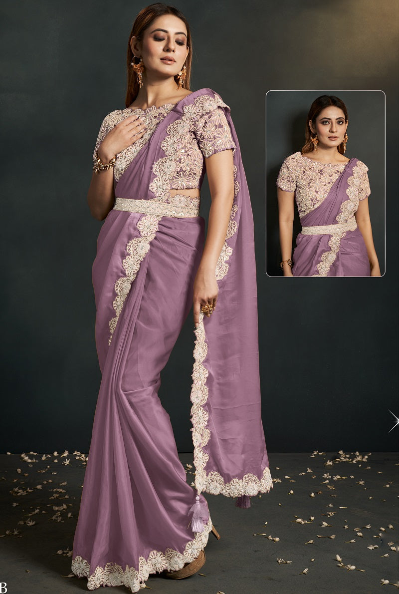 Light Purple Organza Silk Crepe Embroidered Saree