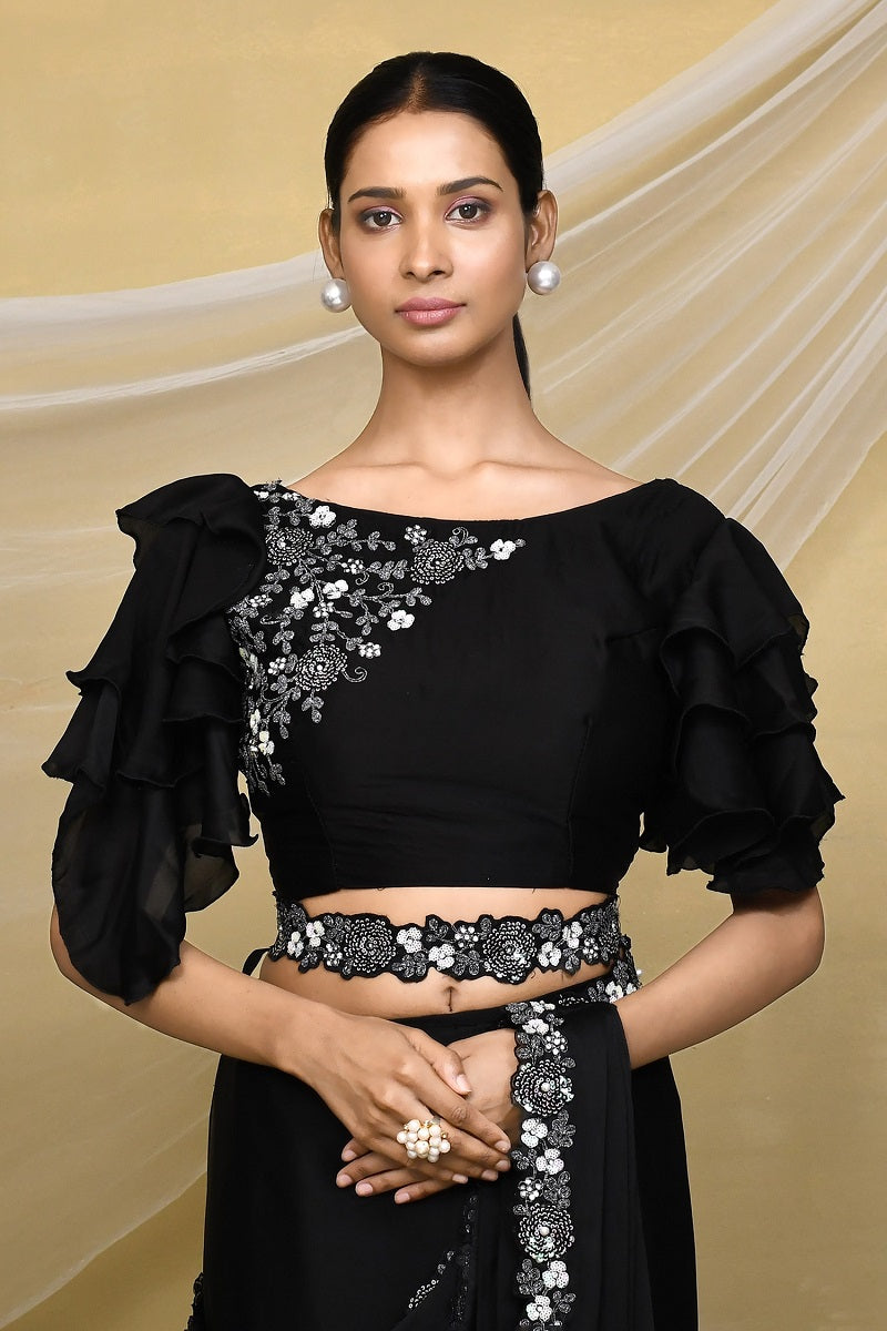 Black Crepe Silk Satin Embroidered Designer Saree