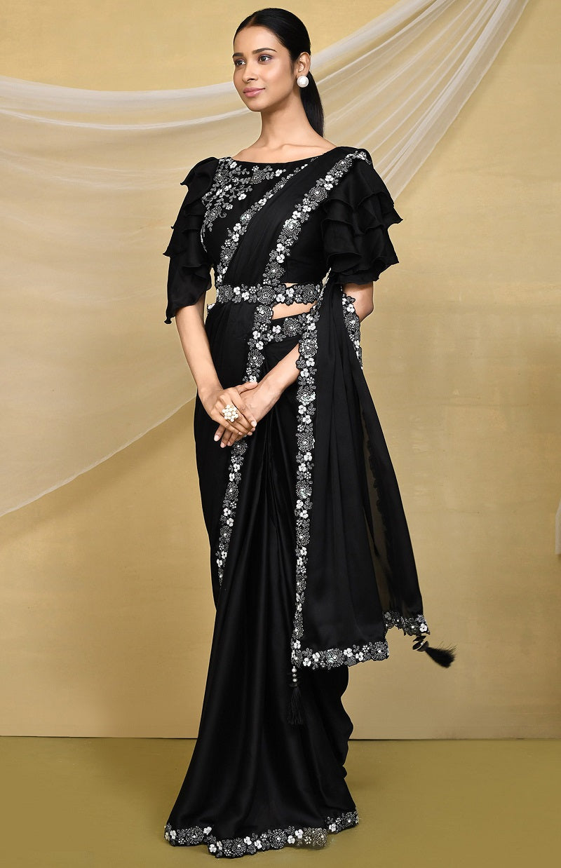 Black Crepe Silk Satin Embroidered Designer Saree