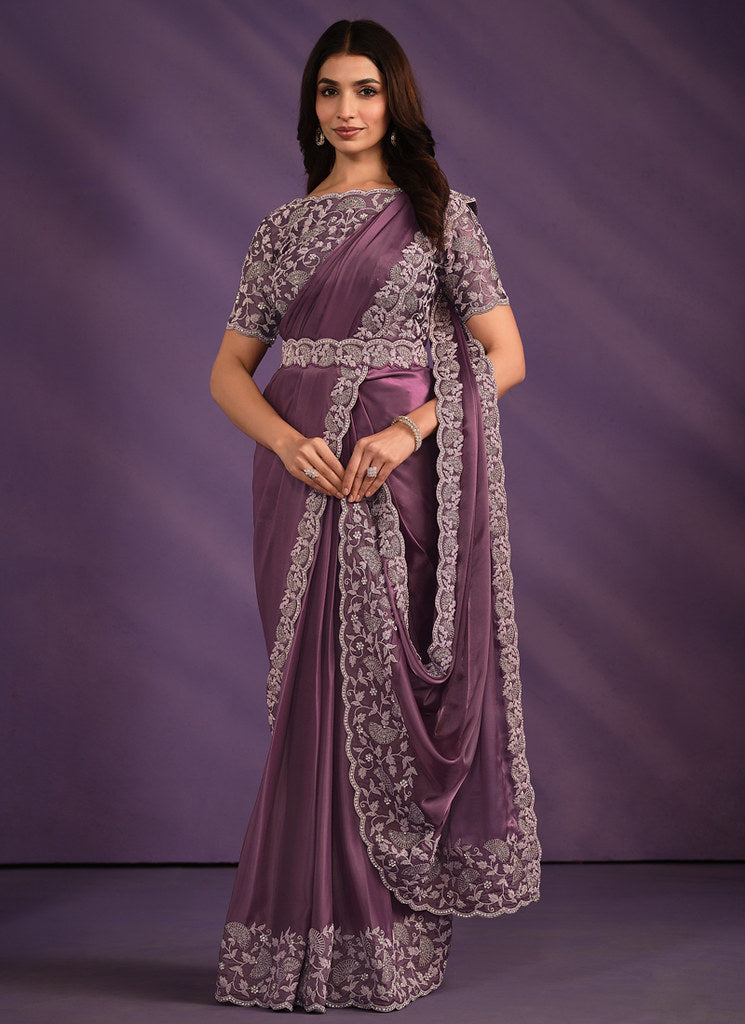 Light Purple Crepe Satin Silk Embroidered Saree