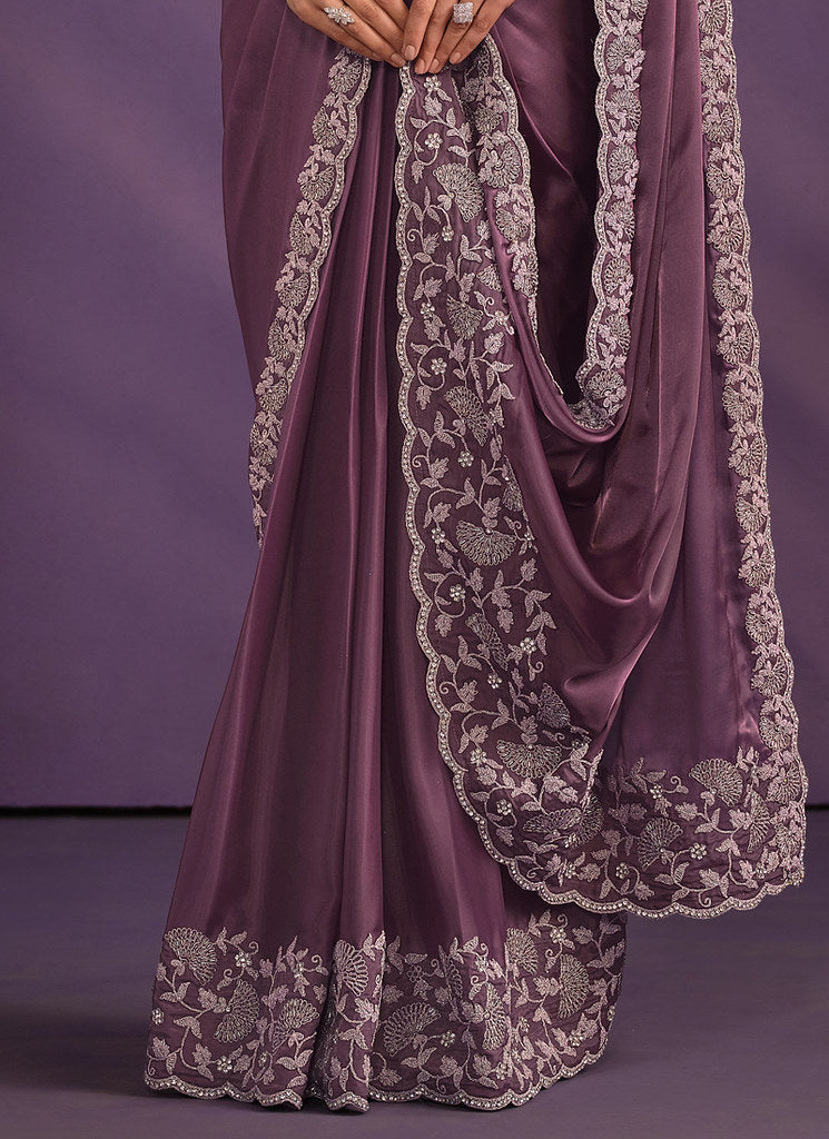 Light Purple Crepe Satin Silk Embroidered Saree