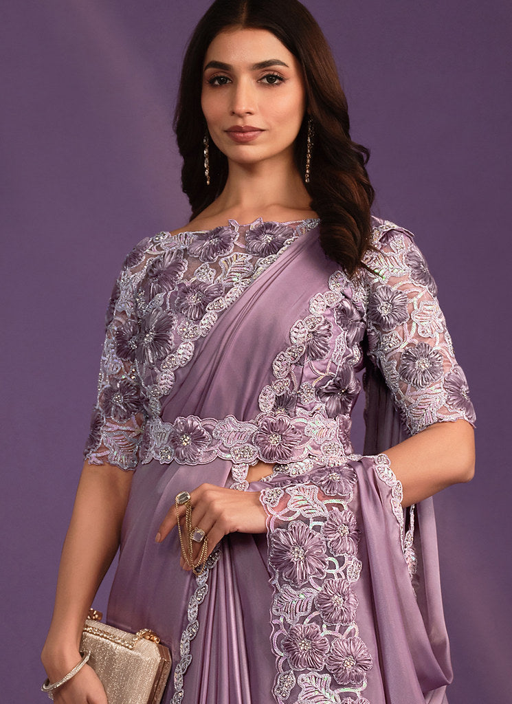 Lavender Crepe Satin Silk Embroidered Saree