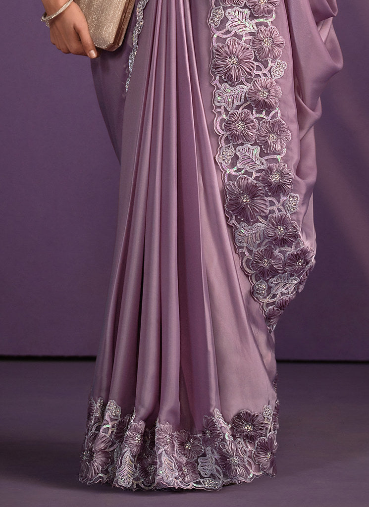 Lavender Crepe Satin Silk Embroidered Saree