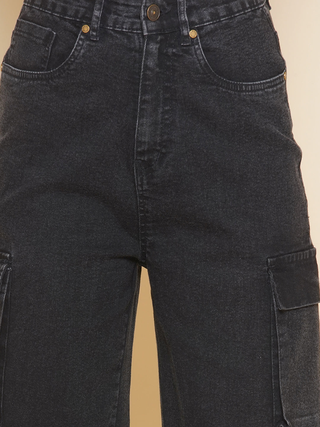 Women Cargo Wide Leg Jeans in Charcoal Grey