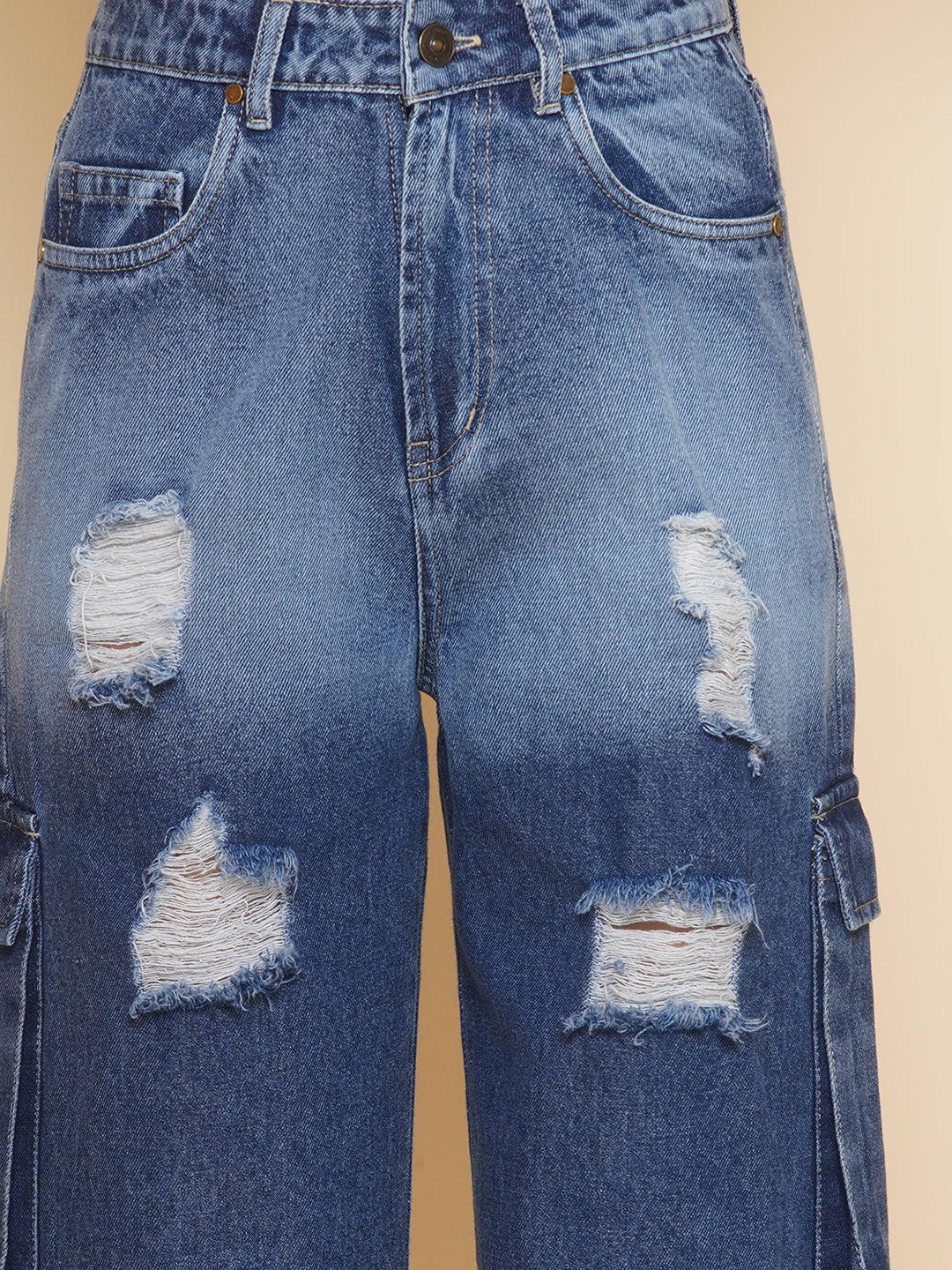 Wide Leg Multi Pocket Cargo Jeans in Blue