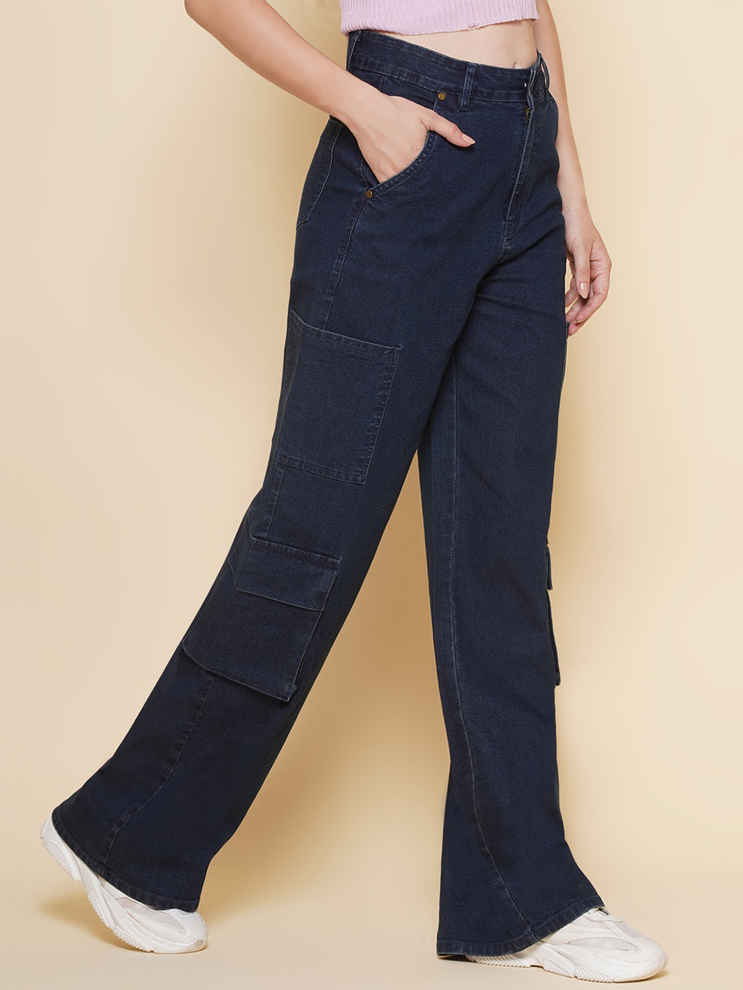Wide Leg Cargo Women Jeans in Blue