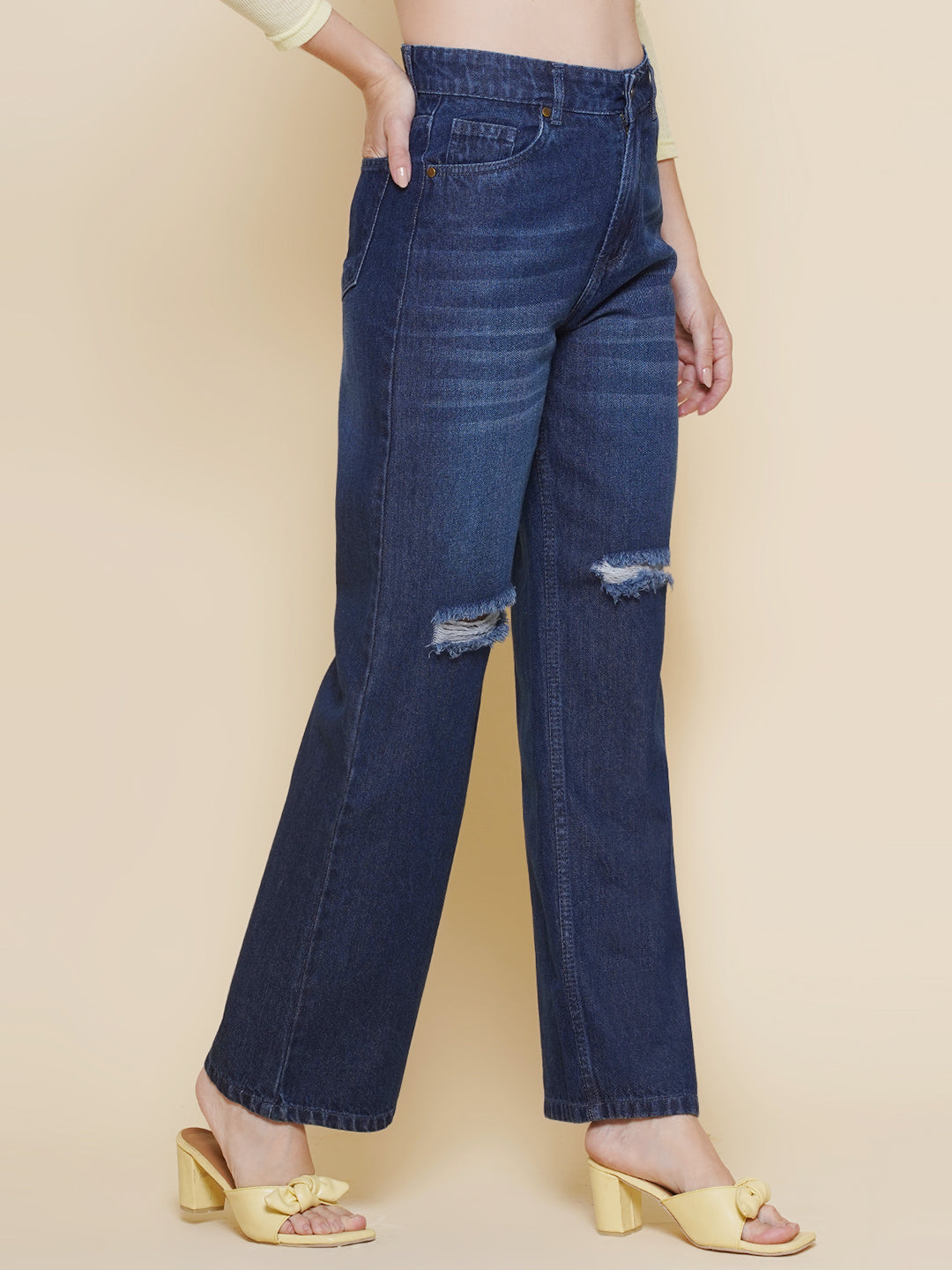 Women Knee Slit Jeans in Dark Blue
