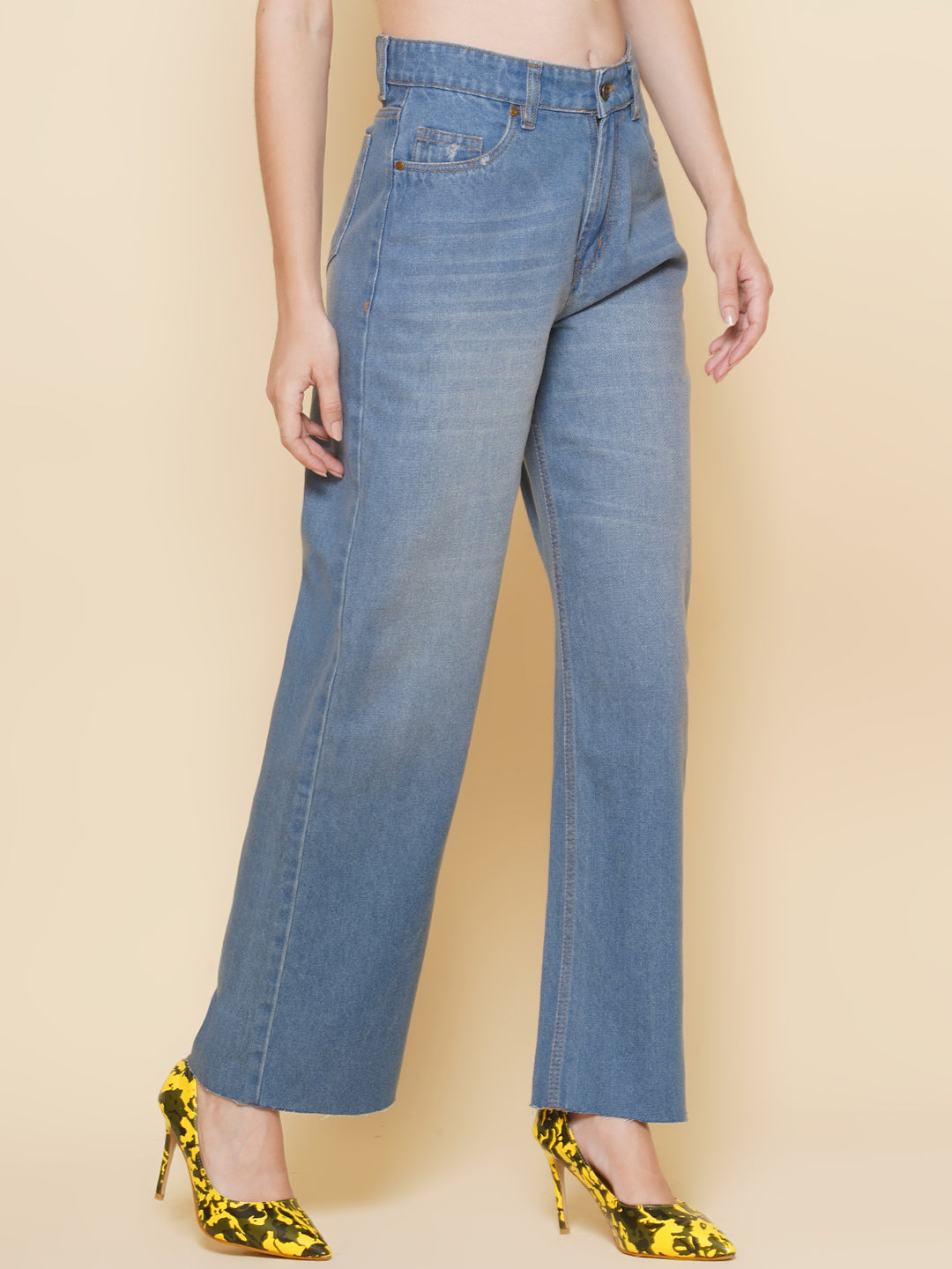 Women Regular Wide Leg High Rise Blue Jeans