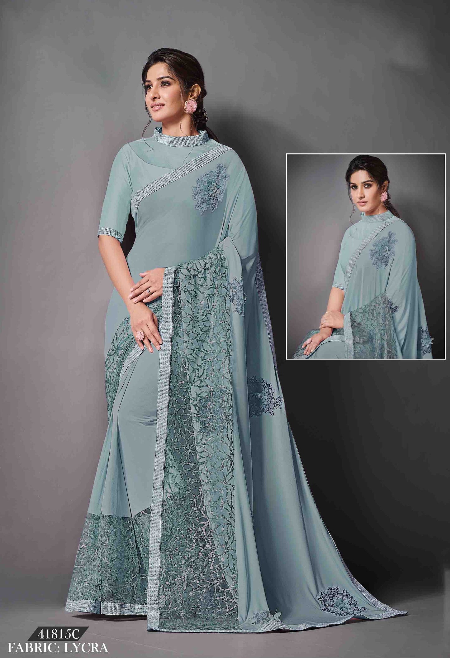 Teal Blue Color Sequins Work Lycra Saree