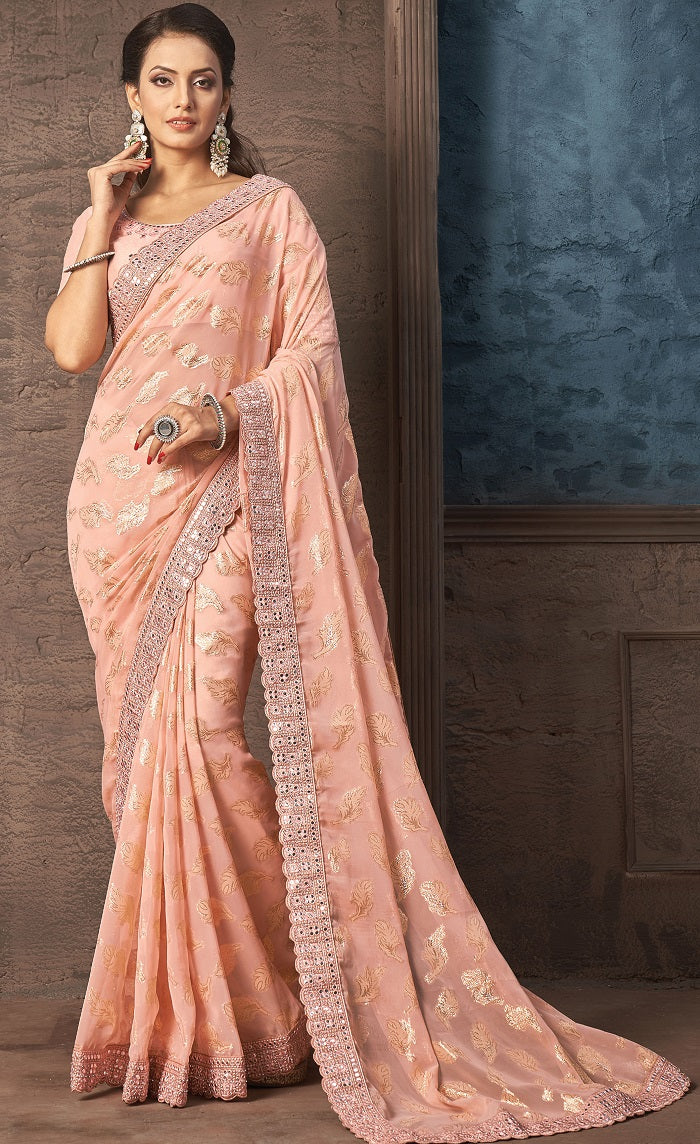 Orange Georgette Zari Jacquard Foil Print Saree
