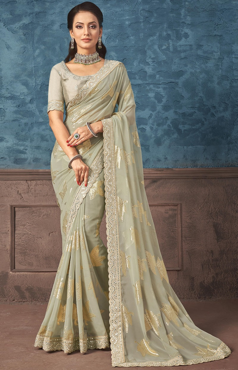 Dust Georgette Zari Jacquard Foil Print Saree