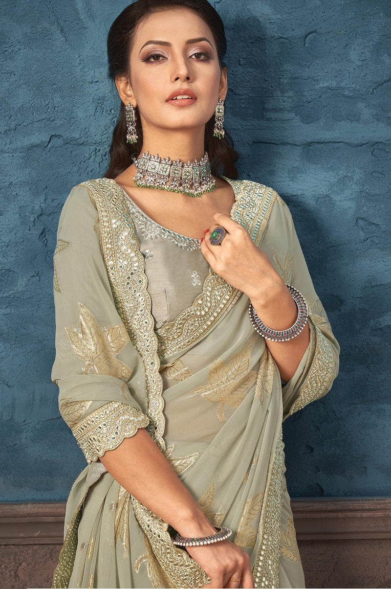 Dust Georgette Zari Jacquard Foil Print Saree