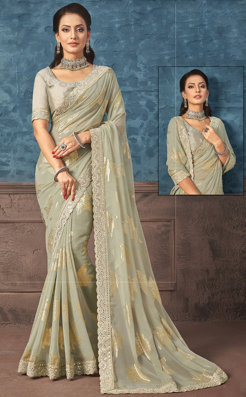 Dust Georgette Zari Jacquard Foil Print Saree