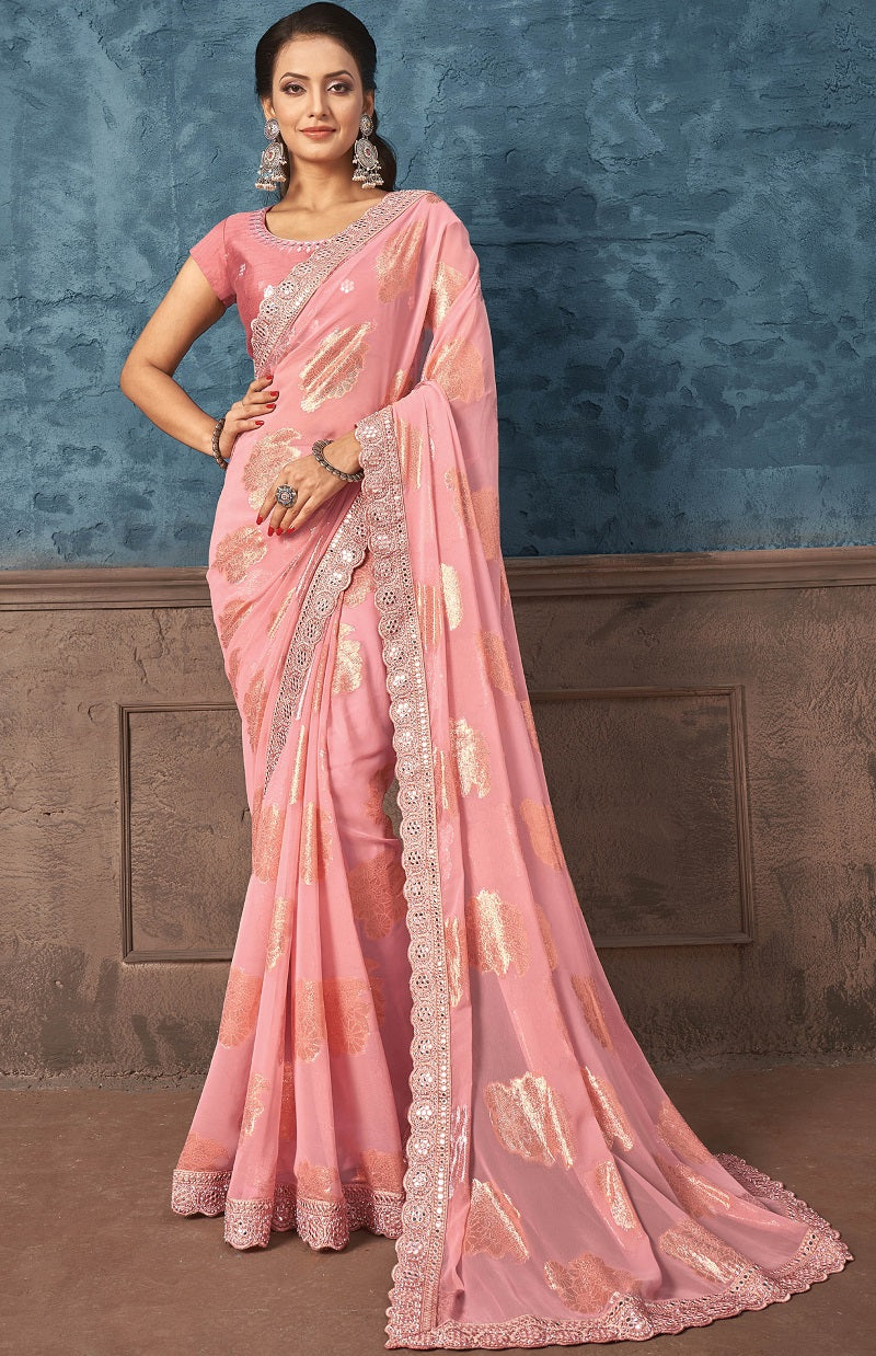 Peach Georgette Zari Jacquard Foil Print Saree