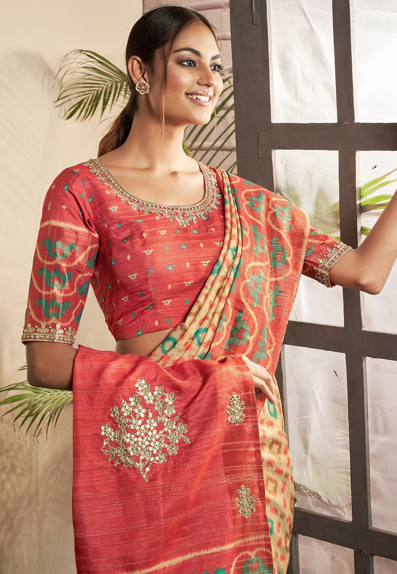 Beige Bhagalpuri Silk Hand Work butta Saree