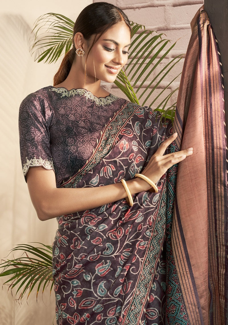 Purple Gajji Silk Floral Print Hand Work Border Saree