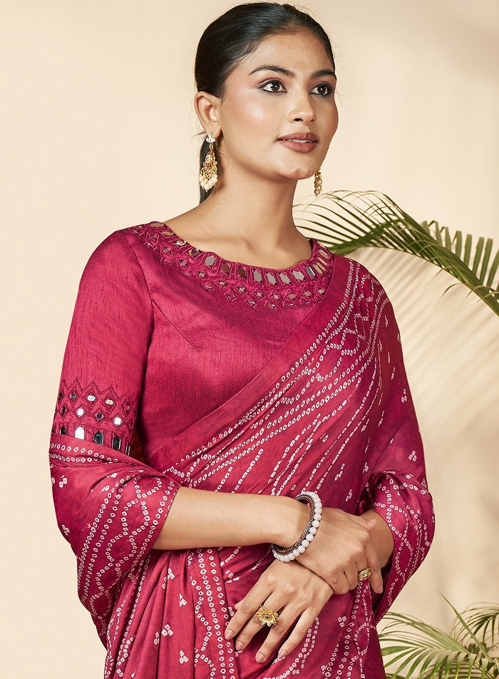 Pink Gajji Silk Bandhani Print Mirror Work Saree