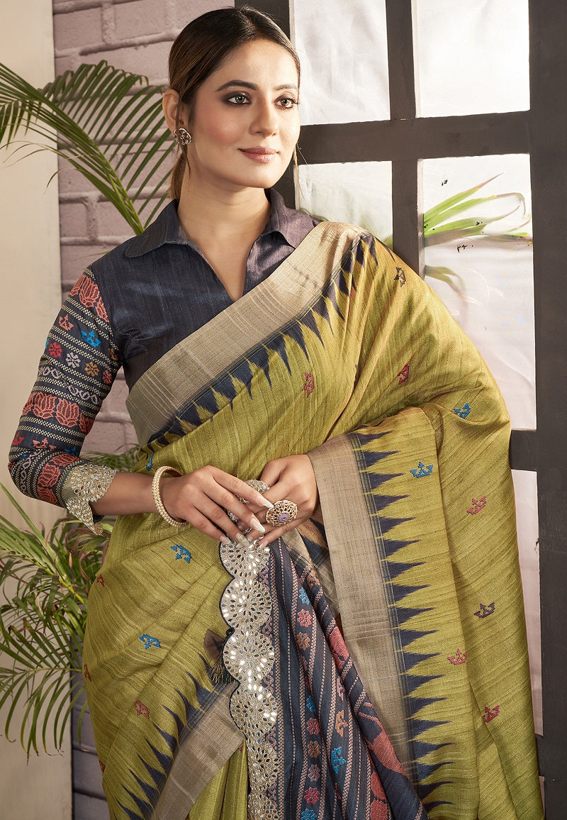 Olive Green Bhagalpuri Silk Mirror Work Border Saree