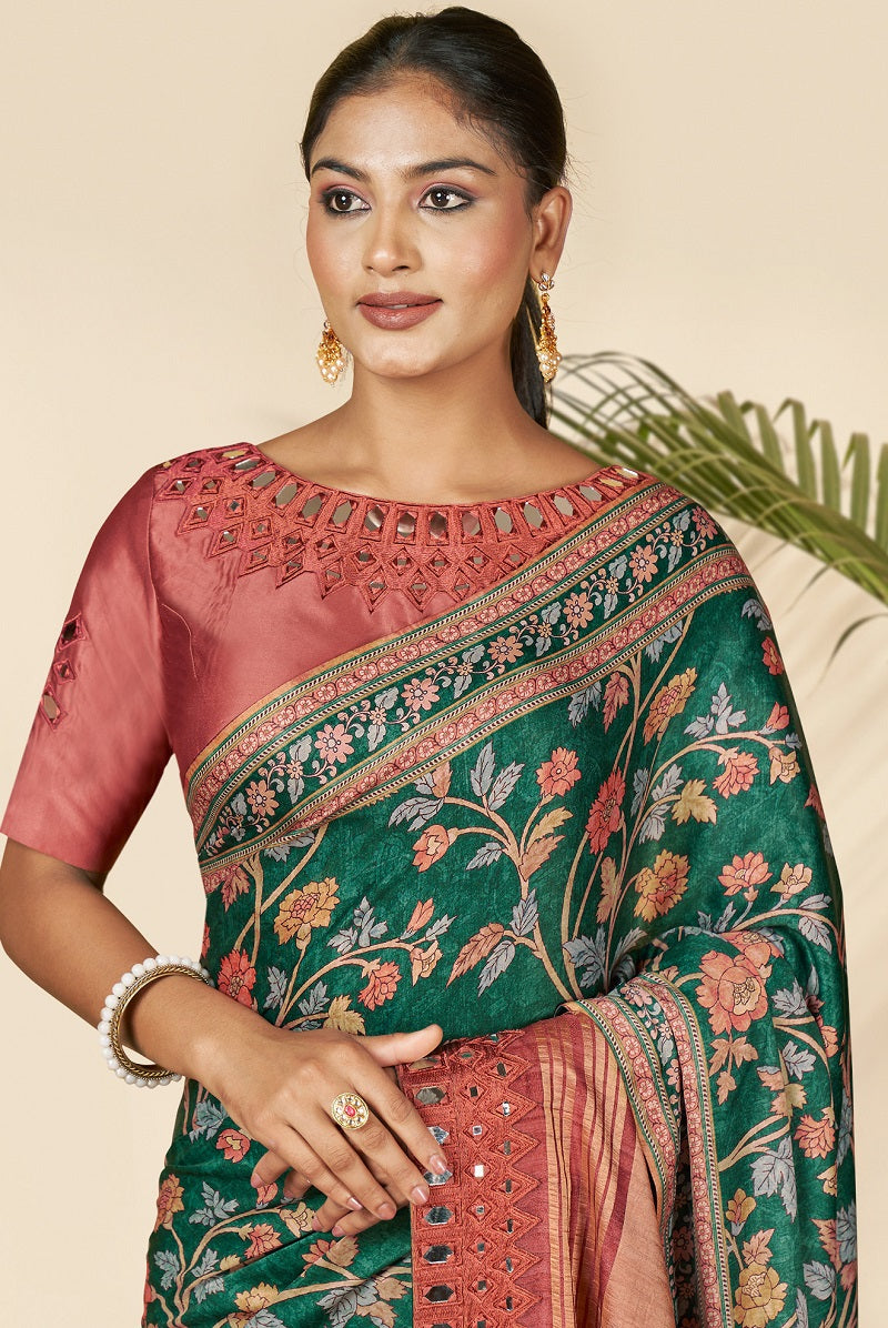 Green Gajji Silk Mirror work Border Saree