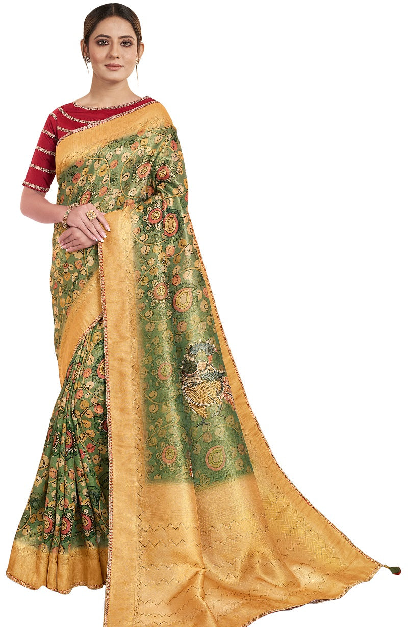 Green Tissue Jacquard Floral Printed Saree