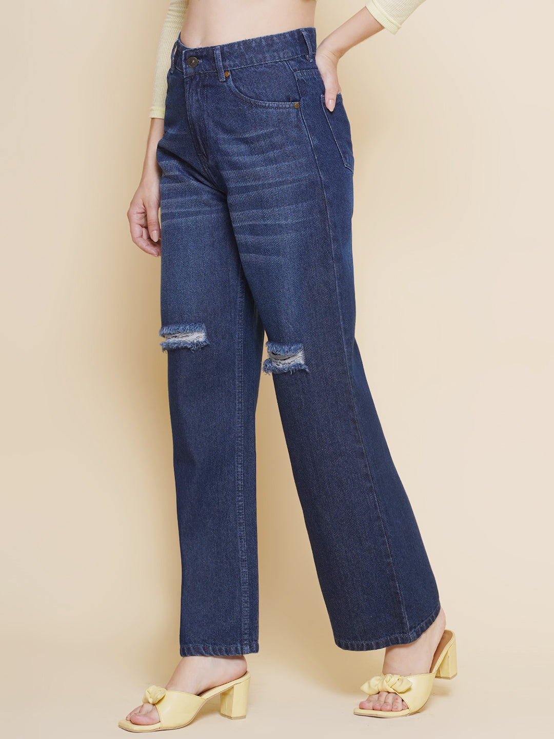 Women Knee Slit Jeans in Dark Blue