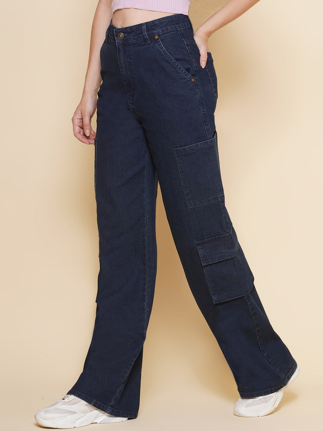 Wide Leg Cargo Women Jeans in Blue