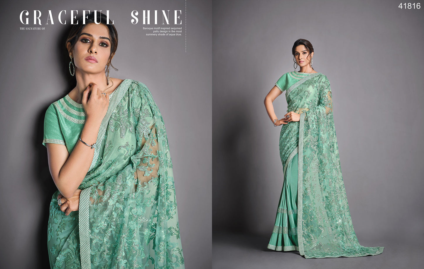 Aqua Green Color Sequins Work Saree