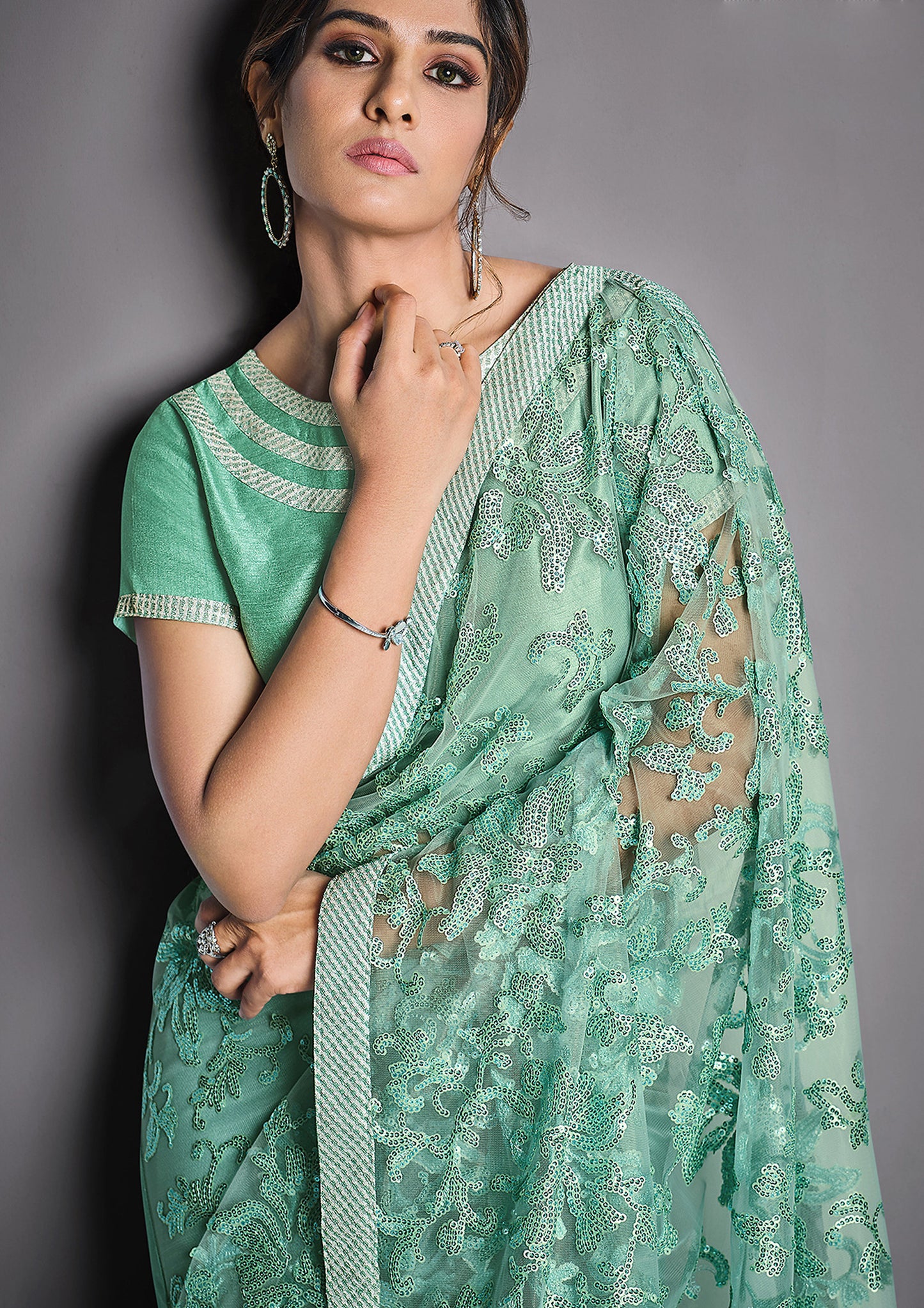 Aqua Green Color Sequins Work Saree