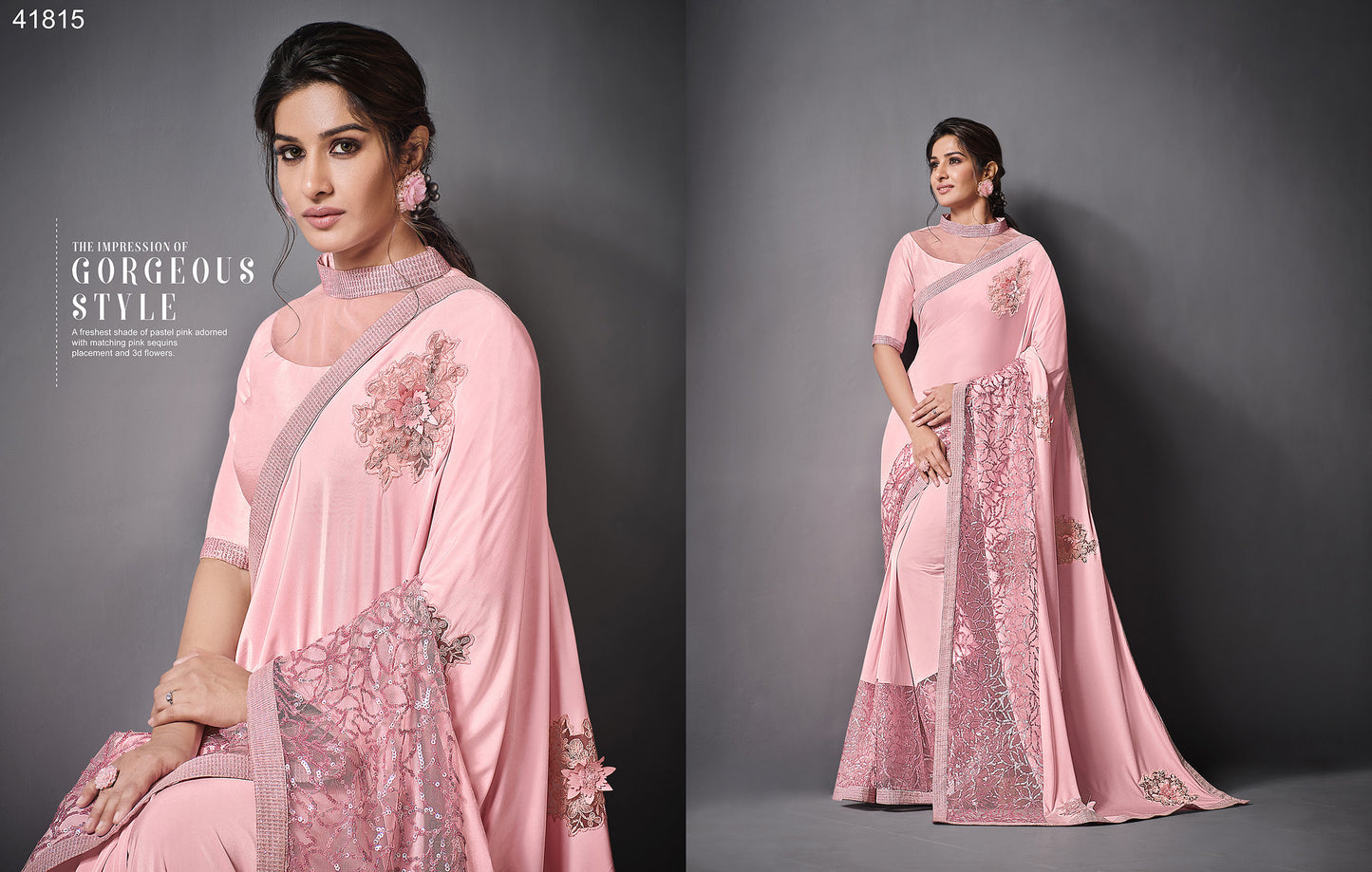 Pink Color Sequins Work Lycra Saree