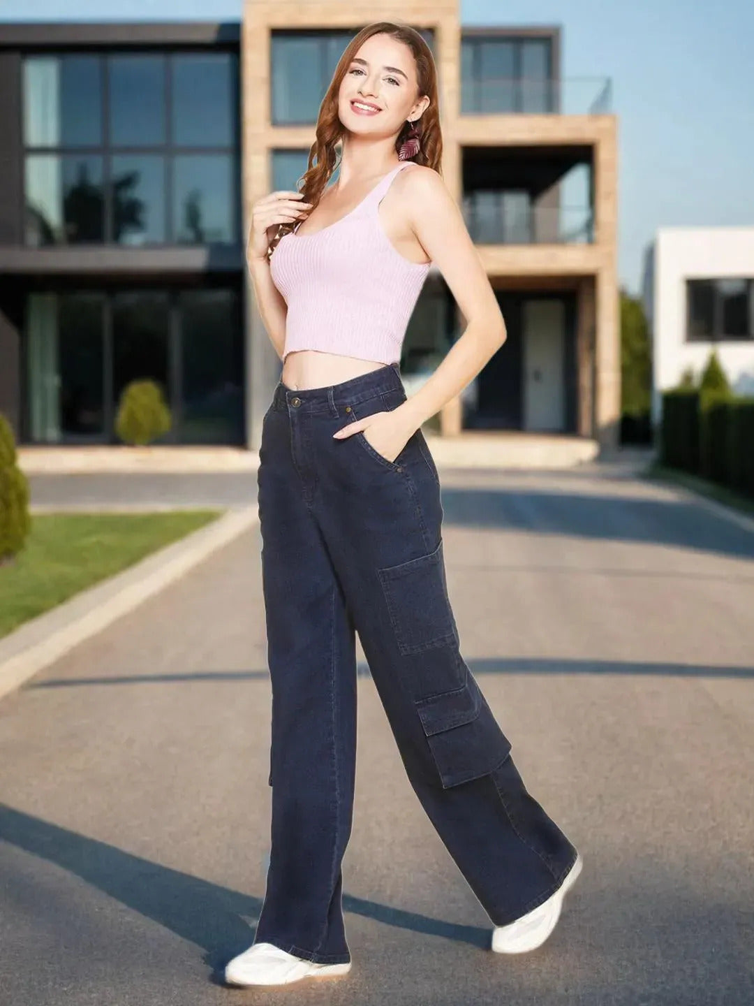 Wide Leg Cargo Women Jeans in Blue