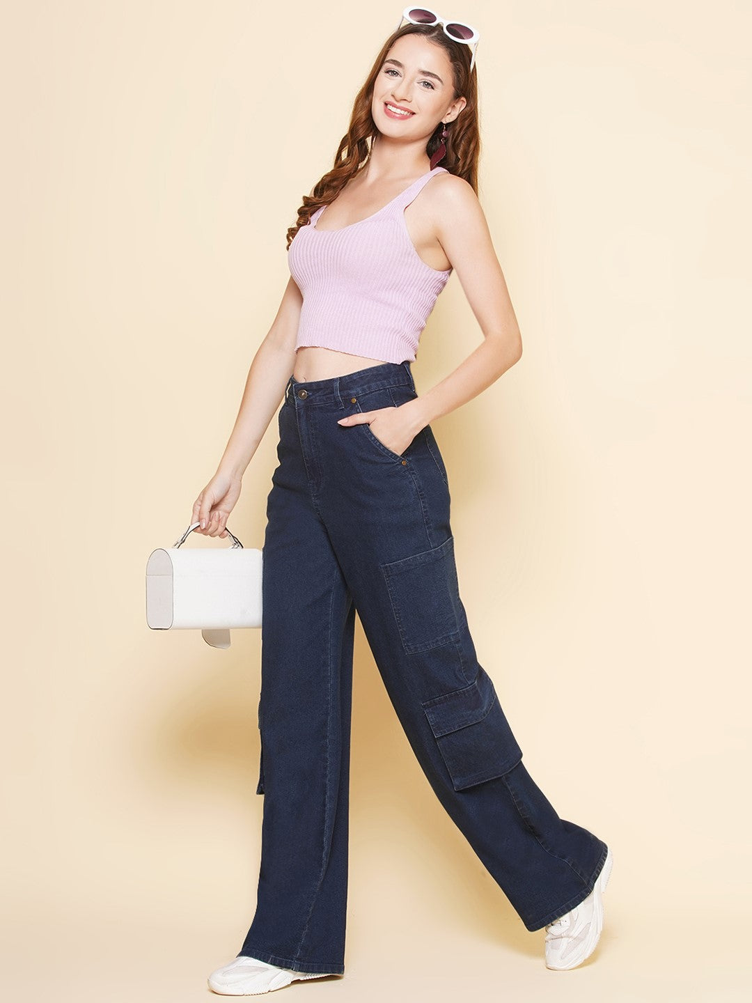 Wide Leg Cargo Women Jeans in Blue