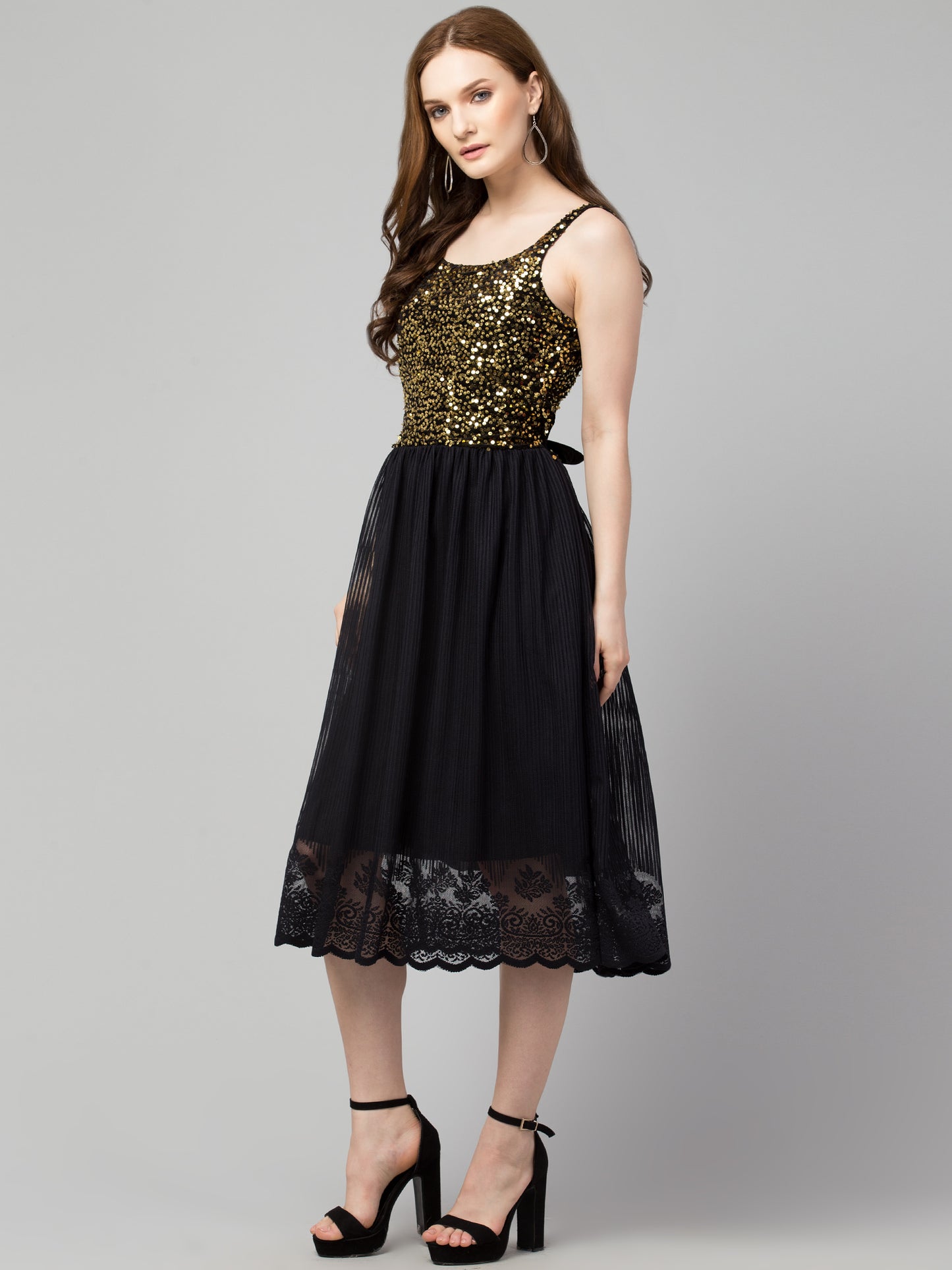 Golden Fit and Flare Sequins Party Wear Dress