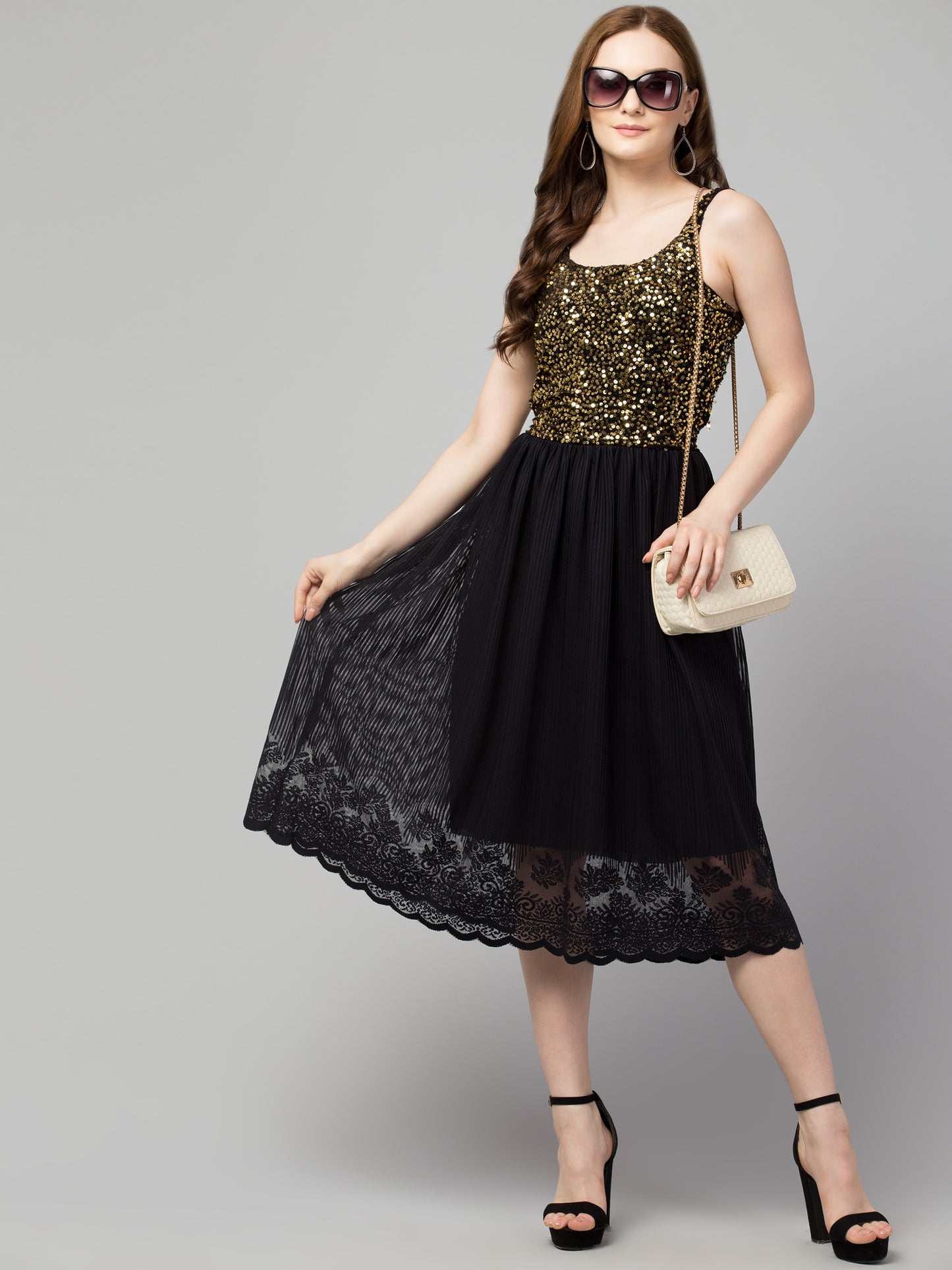 Golden Fit and Flare Sequins Party Wear Dress