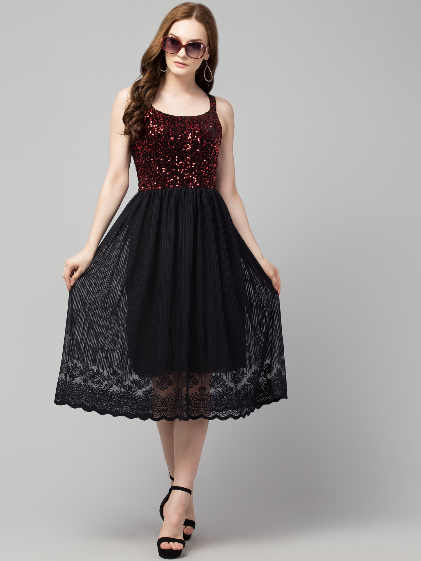 Maroon Fit and Flare Sequins Party Wear Dress