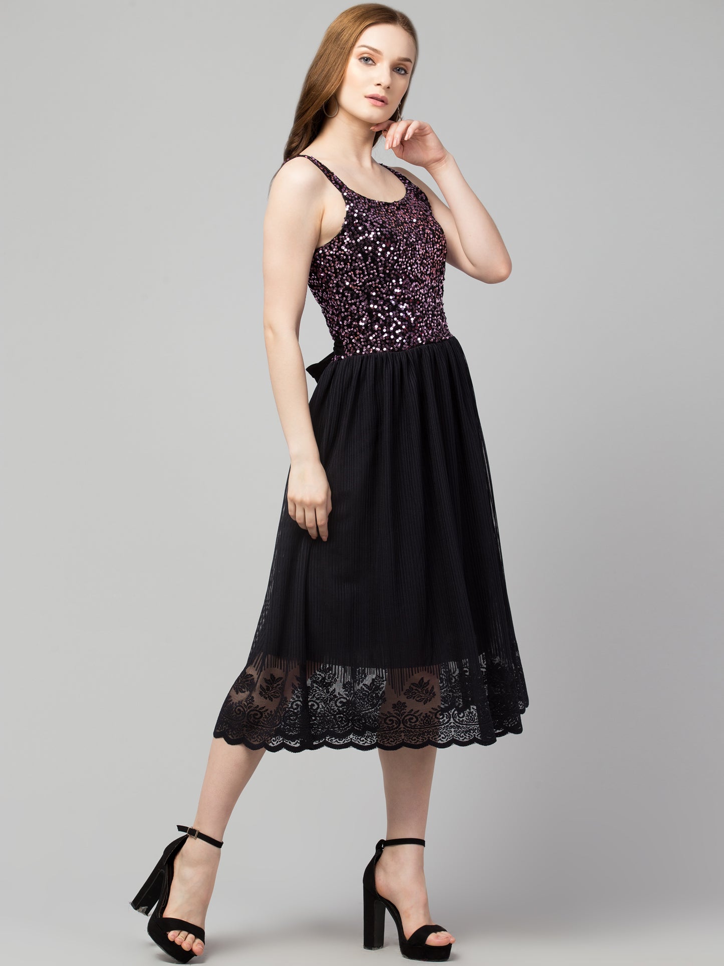 Purple Fit and Flare Sequins Party Wear Dress