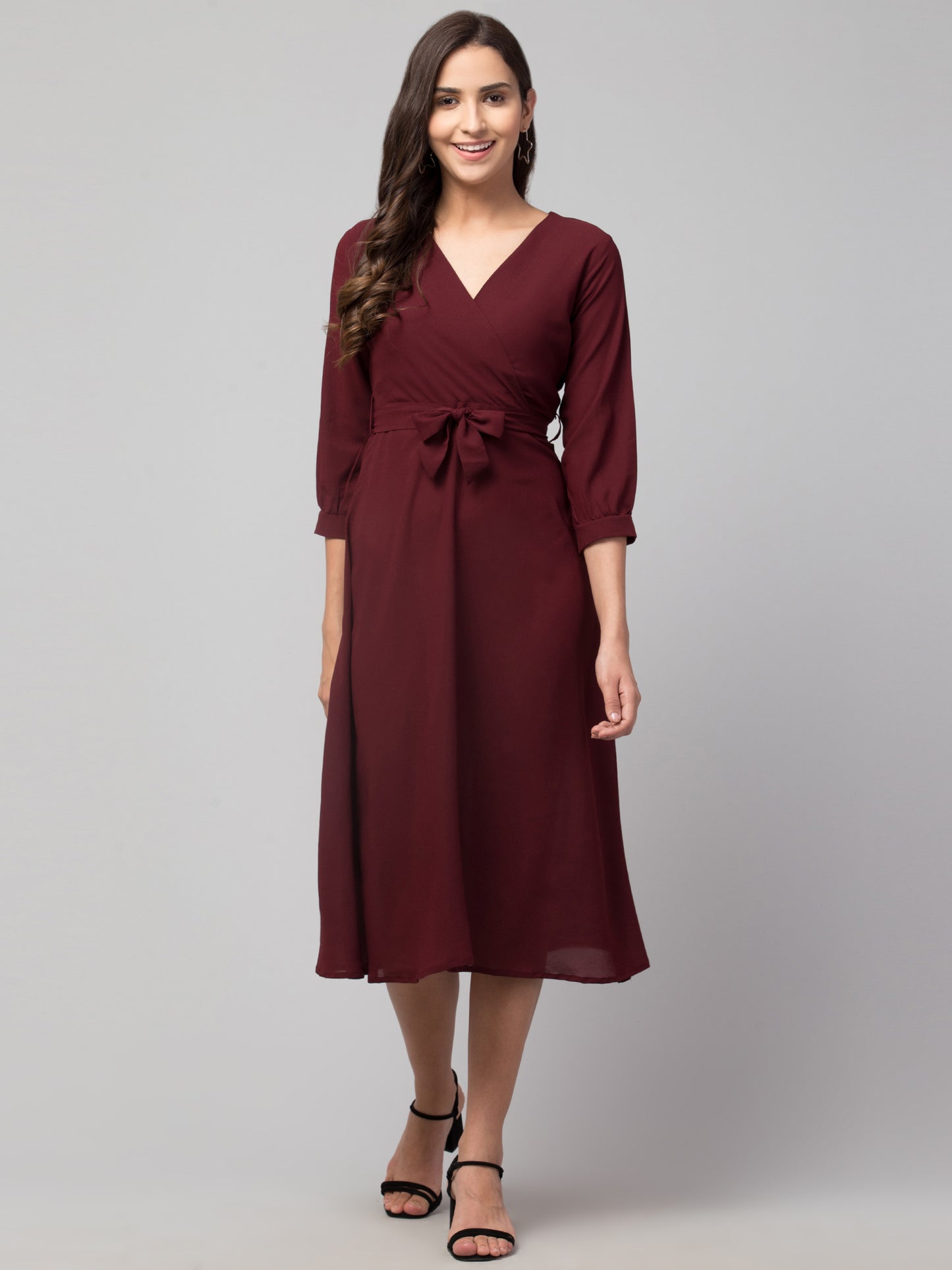 Maroon American Crepe Middi Dress