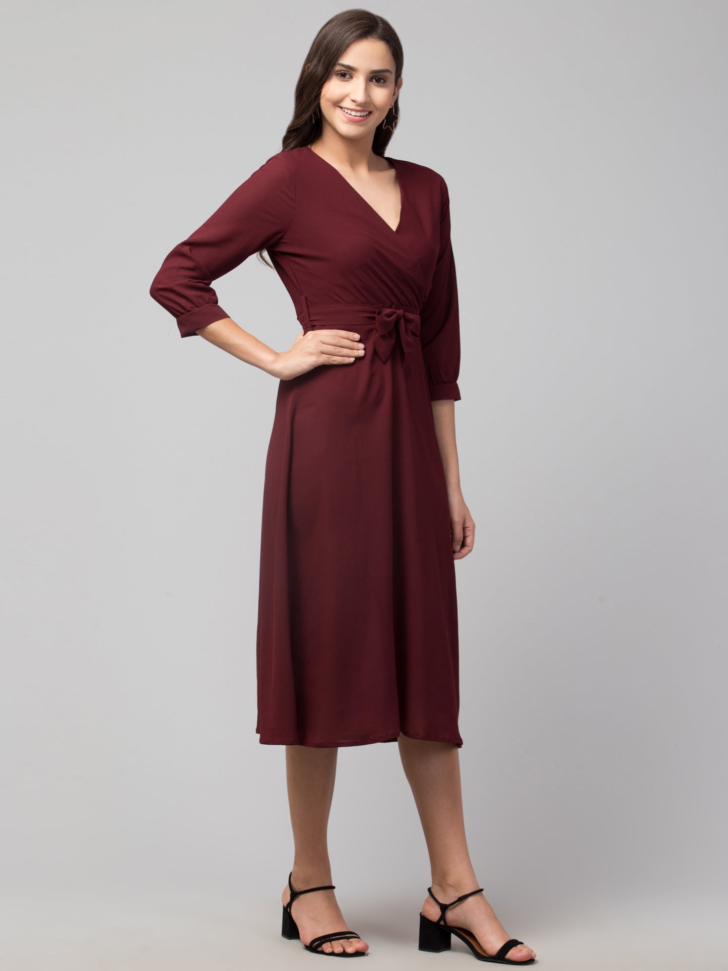 Maroon American Crepe Middi Dress
