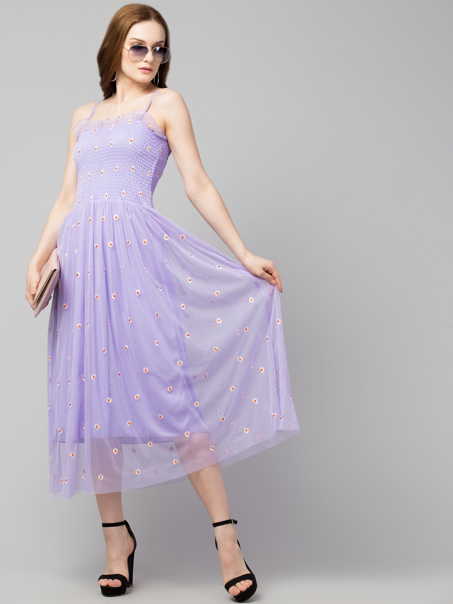 Purple Fit and Flare Embroidered Net Dress