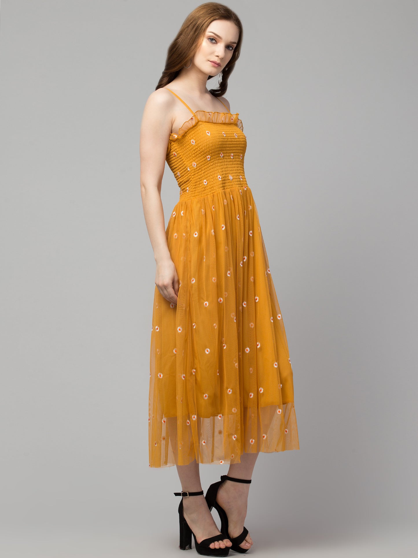 Mustard Fit and Flare Embroidered Net Dress
