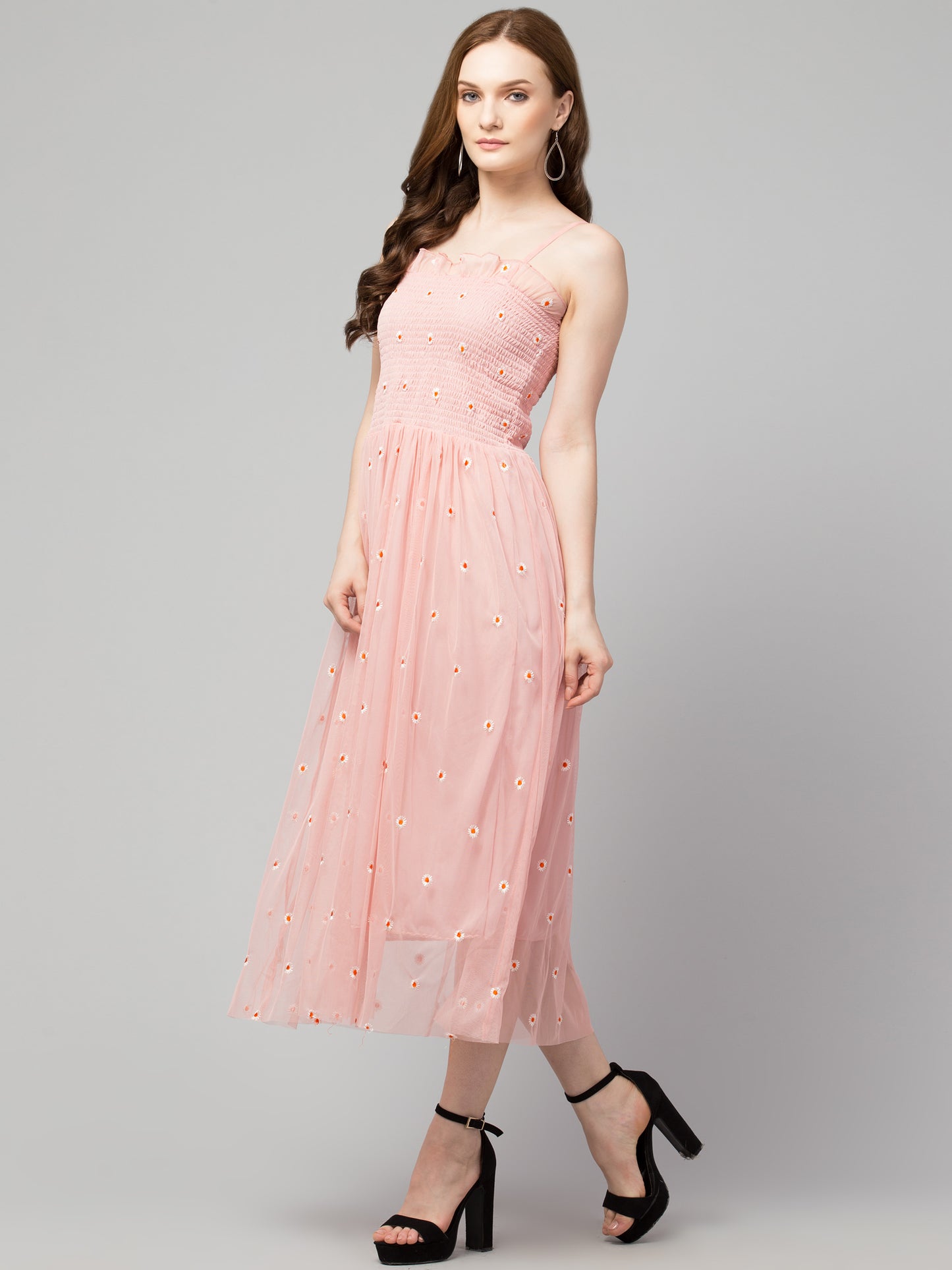 Pink Fit and Flare Embroidered Net Dress