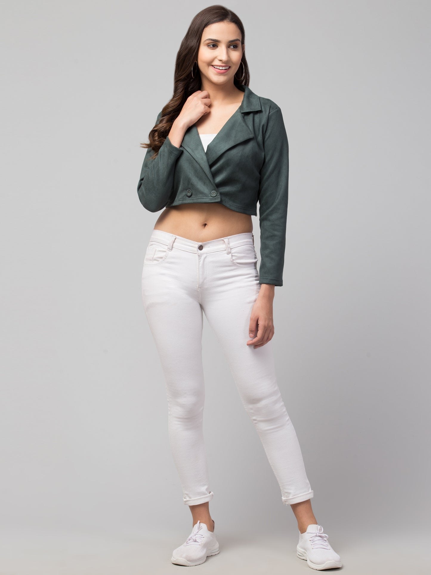 Green Color Suede Fabric Girls Short Blazer