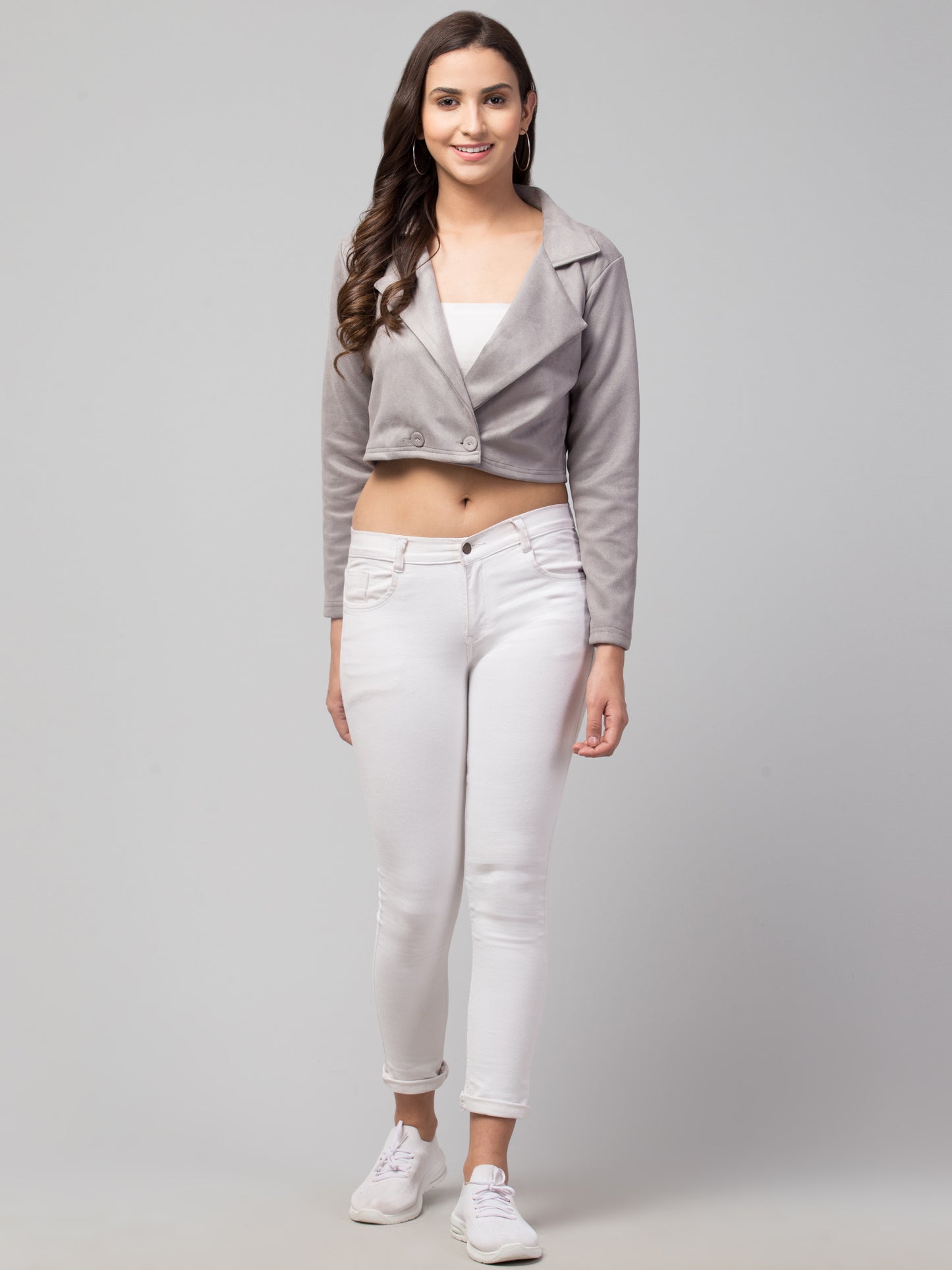Grey Color Suede Fabric Girls Short Blazer